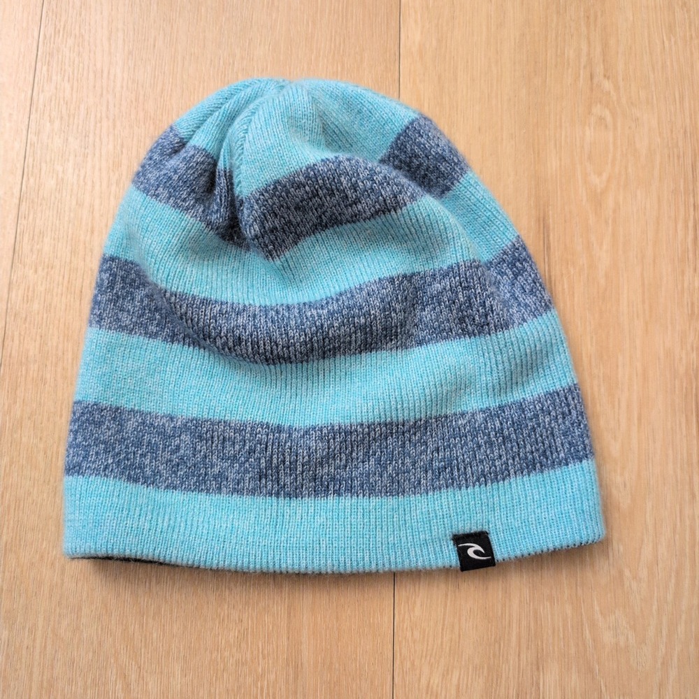 Rip Curl Reversible Beanie Mens Blue Striped Solid Black Knit Surf Hat